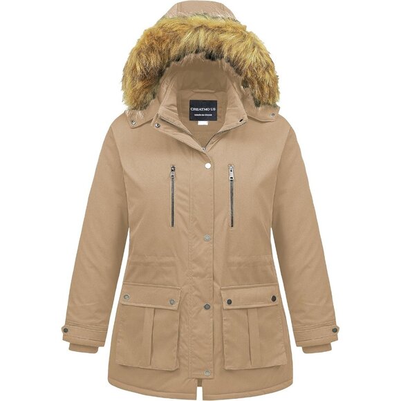 Women's Winter Warm Khaki Waterproof Long Puffer Jacket Coat Thicken Fur Hood